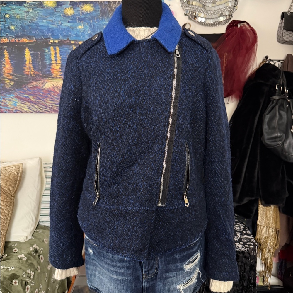 French Connection Blue and Black Wool Blend Moto Bomber Jacket